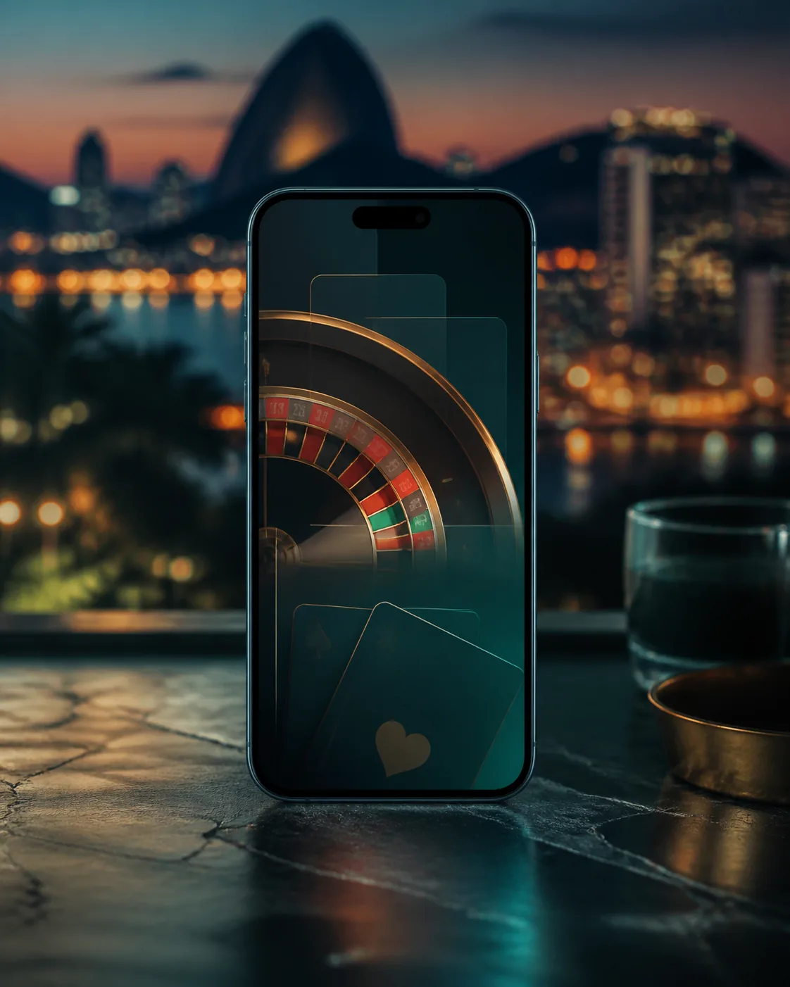 Celular com interface genérica de roleta e cartas em ambiente noturno