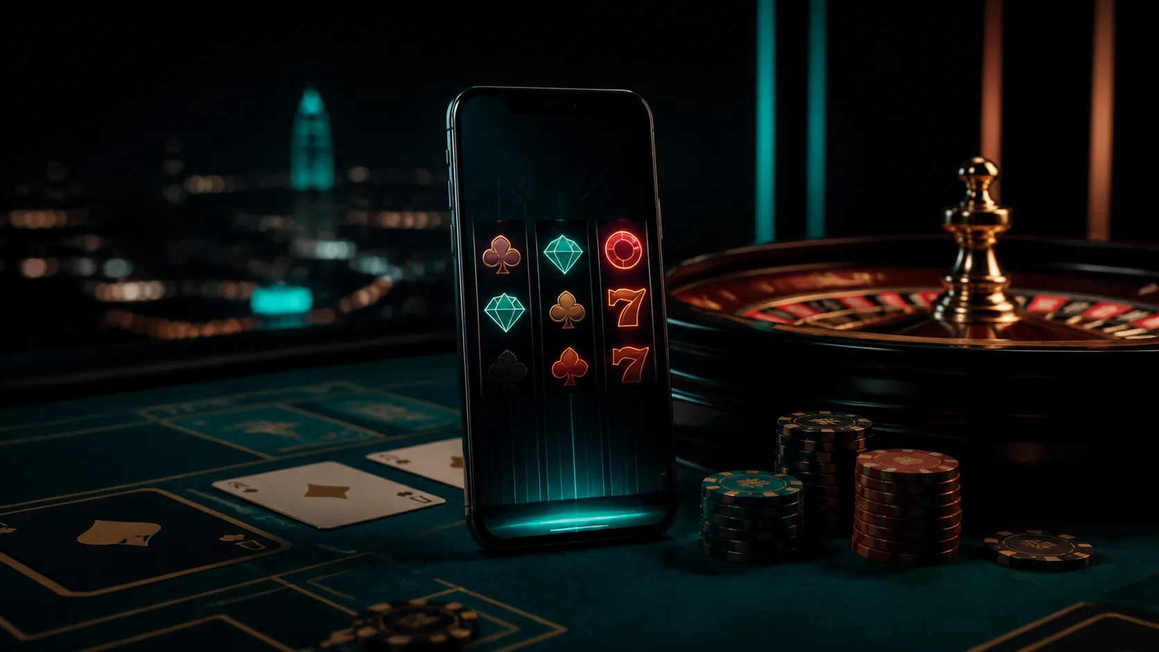 Ambiente editorial de cassino online com celular, slots e roleta
