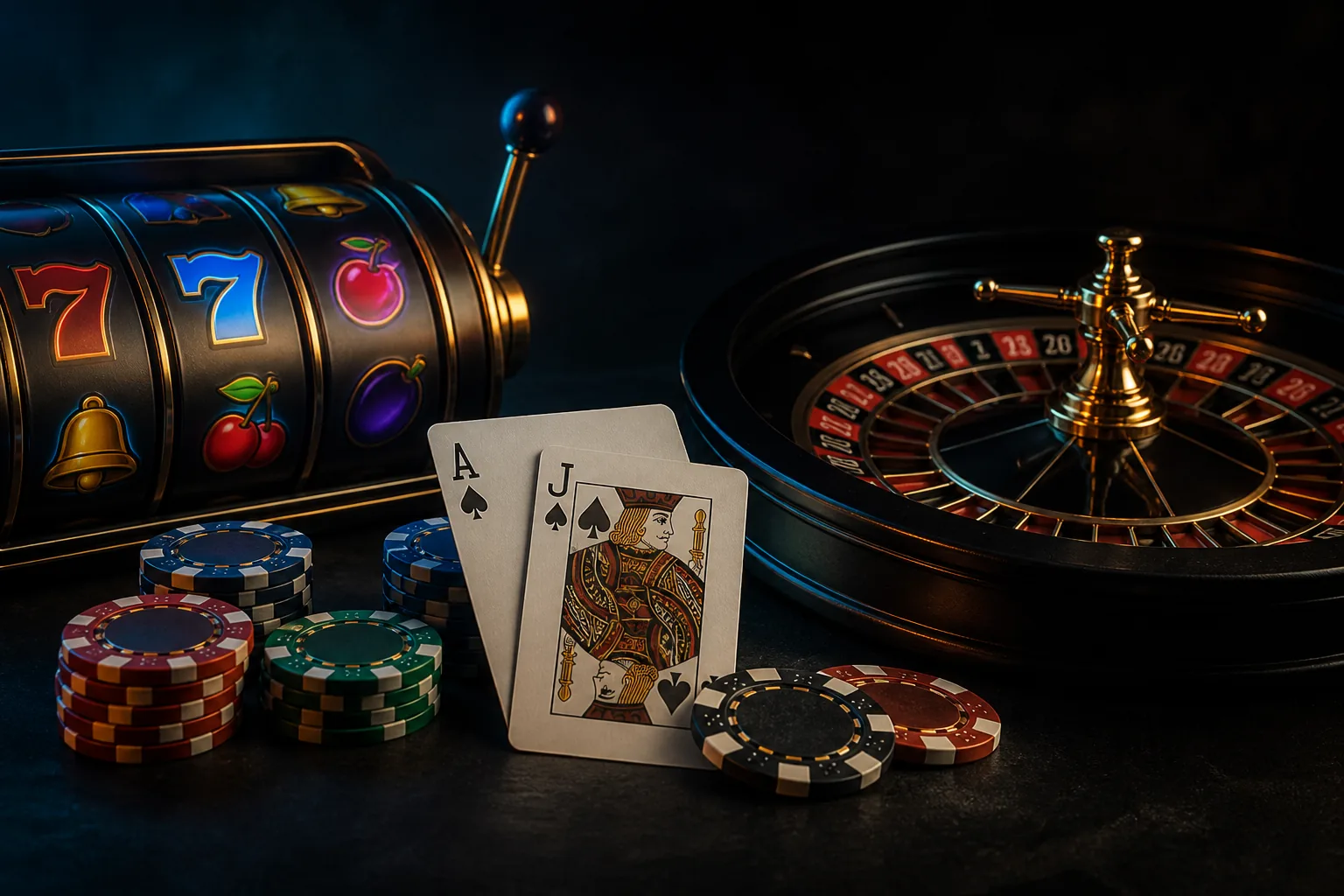 Composição editorial com slots, cartas e roleta de cassino